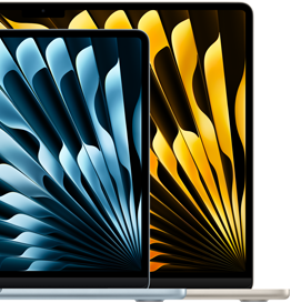 Dwa laptopy z wyświetlonymi abstrakcyjnymi wzorami w kolorach niebieskim i żółtym na ekranach. Obudowy laptopów są cienkie i nowoczesne.