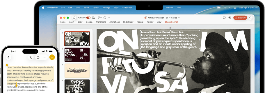 Na obrazie widać ekran laptopa z otwartą prezentacją PowerPoint oraz smartfon z aplikacją do notatek. Na ekranie laptopa widoczny jest slajd z czarno-białym zdjęciem muzyka grającego na trąbce oraz tekstem: \'Learn the rules. Break the rules. Improvisation is much more than \'making something up on the spot.\' This defining element of jazz requires spontaneous creation and an innate understanding of the language and grammar of the genre.\'