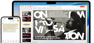 Na obrazie widoczny jest laptop z otwartym ekranem, na którym wyświetlana jest strona z czarno-białym zdjęciem muzyka grającego na trąbce oraz tekstem. Obok laptopa znajduje się smartfon z otwartą aplikacją do notatek.