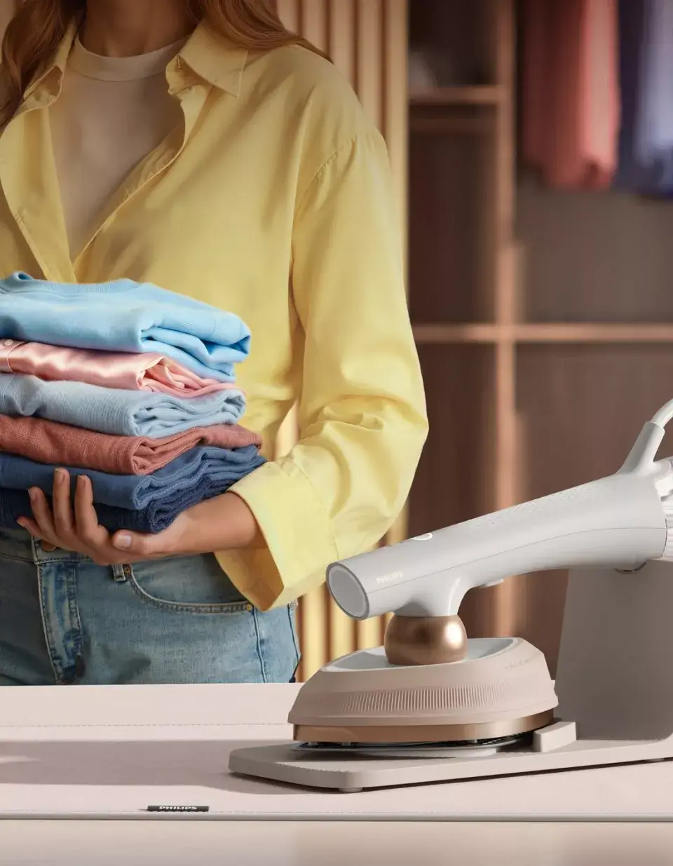 Osoba w żółtej koszuli trzyma stos złożonych ubrań w różnych kolorach. Na pierwszym planie znajduje się parownica do ubrań z widocznym logo \'PHILIPS\'.