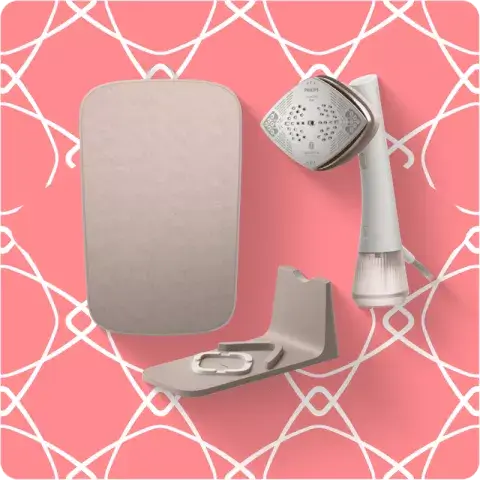 Na różowym tle z białym wzorem znajdują się trzy elementy: prostokątna deska, głowica parownicy z widocznymi otworami i napisem \'PHILIPS\', oraz stojak na parownicę.