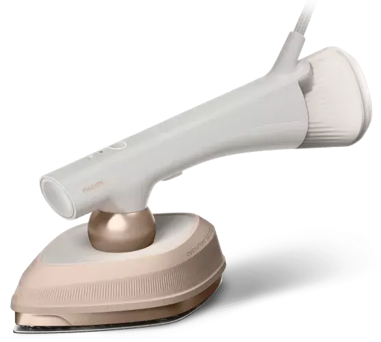 Na obrazie widoczna jest parownica do ubrań w kolorze białym i złotym. Na urządzeniu znajduje się napis \'PHILIPS\'.