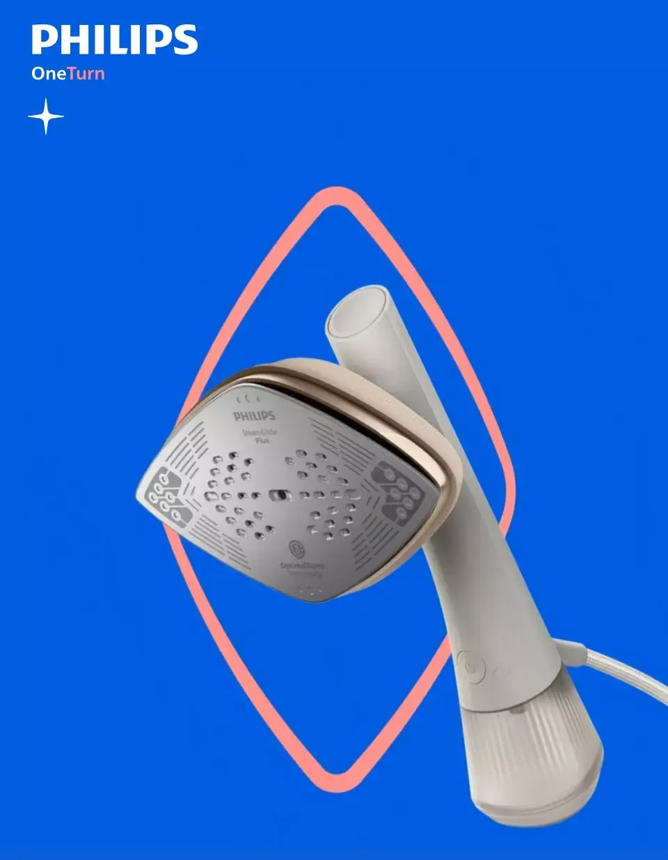 Na niebieskim tle widoczna jest parownica do ubrań z napisem \'PHILIPS SteamGlide Plus\'. W lewym górnym rogu znajduje się logo \'PHILIPS OneTurn\'.