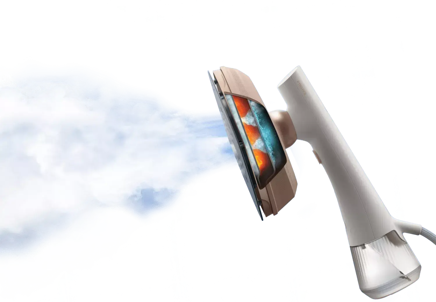 Na obrazie widoczna jest parownica do ubrań, z której wydobywa się strumień pary. Urządzenie ma jasną obudowę i przezroczysty zbiornik na wodę.