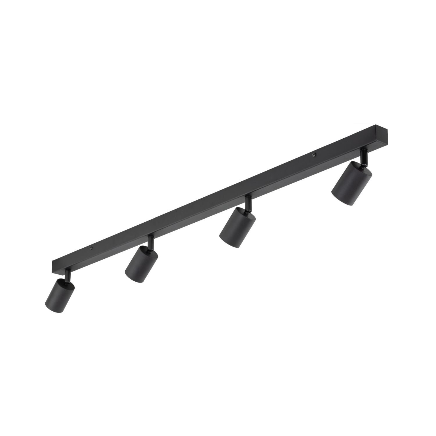 Czarna, metalowa listwa sufitowa z czterema regulowanymi reflektorami w kształcie cylindrów. Listwa ma minimalistyczny design i jest przeznaczona do montażu sufitowego.