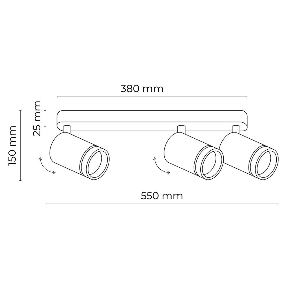 Schemat lampy sufitowej z trzema regulowanymi reflektorami. Wymiary: 380 mm szerokości, 550 mm długości, 150 mm wysokości, 25 mm grubości.