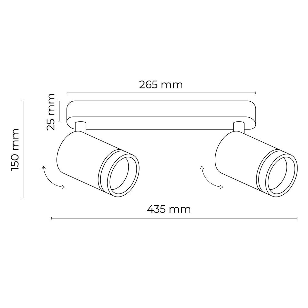 Schemat lampy sufitowej z dwoma regulowanymi reflektorami. Wymiary: 265 mm szerokości, 150 mm wysokości, 435 mm długości.