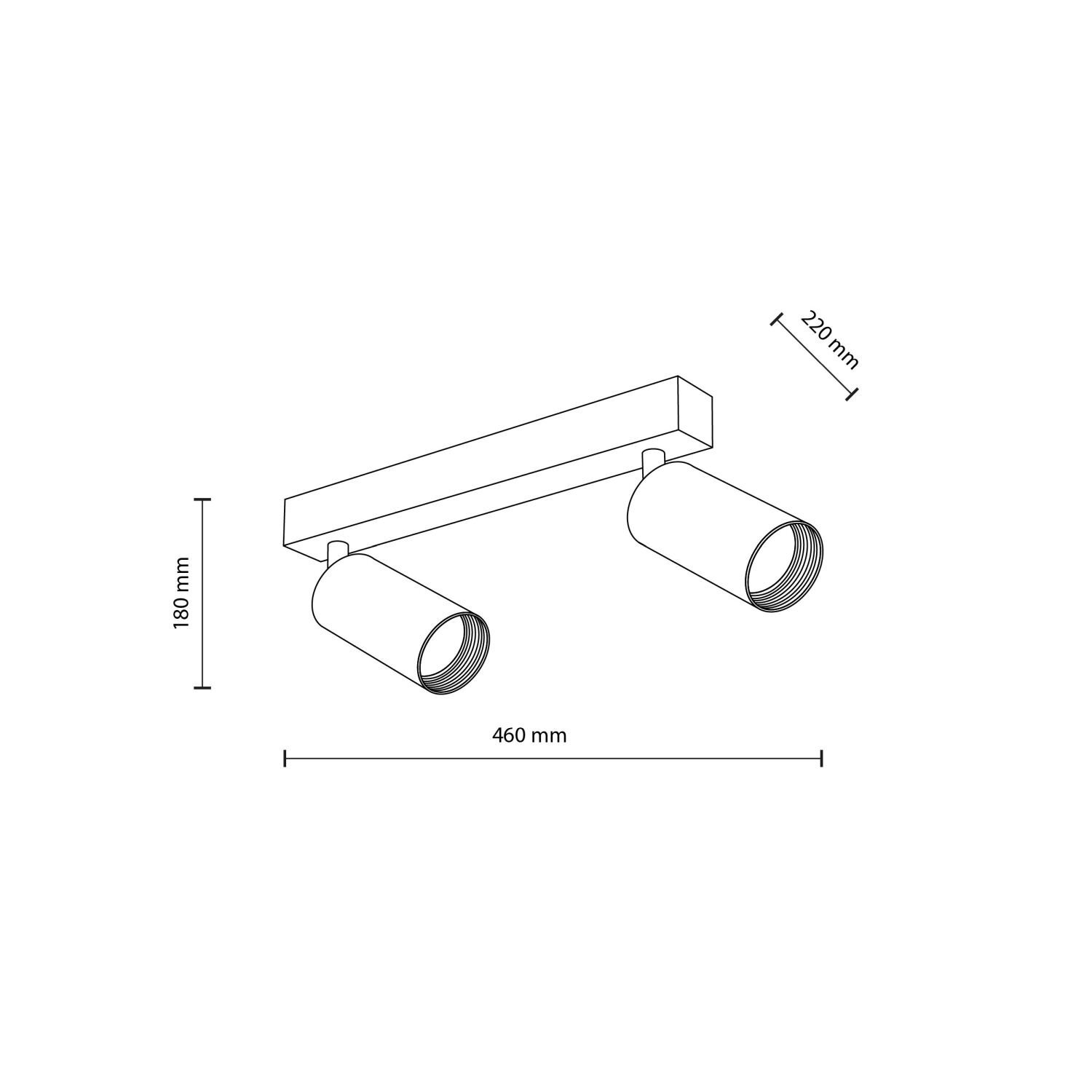 Schematyczny rysunek reflektora sufitowego z dwoma regulowanymi głowicami. Wymiary: 460 mm szerokości, 180 mm wysokości, 220 mm głębokości.