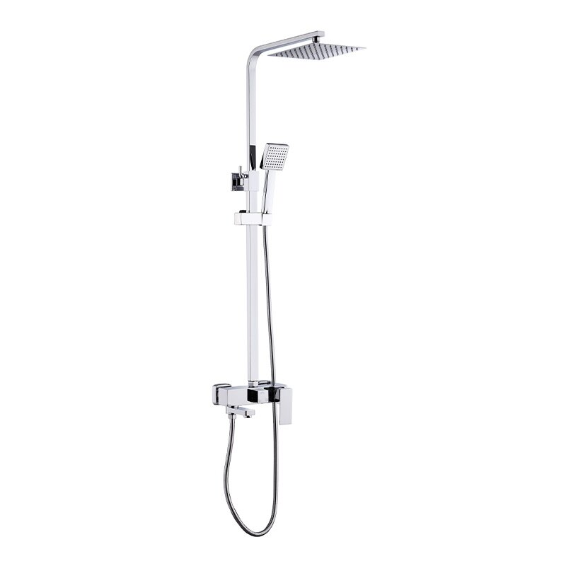 Na obrazie widoczna jest chromowana bateria prysznicowa z deszczownicą i słuchawką prysznicową. Produkt ma nowoczesny design i błyszczące wykończenie.