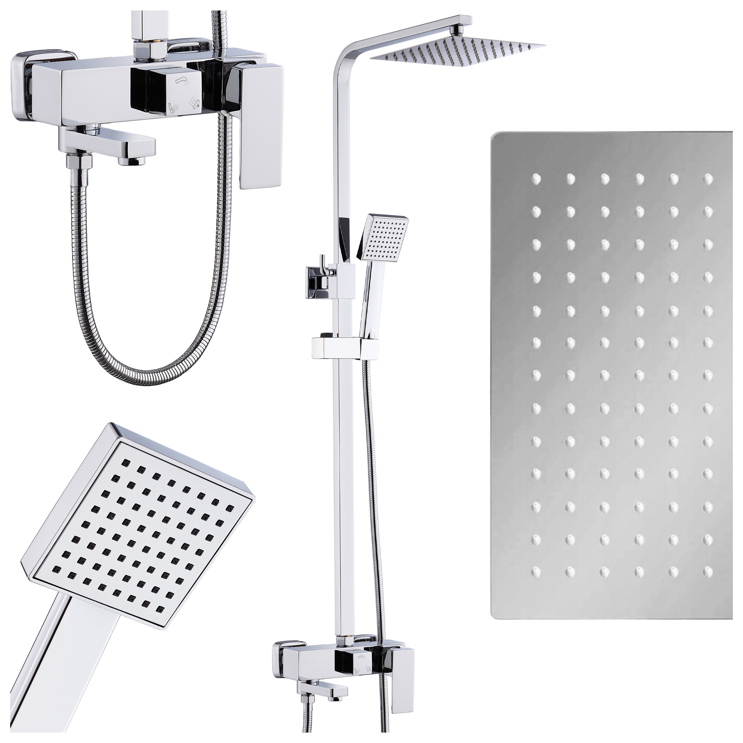 Na obrazie widoczna jest chromowana bateria prysznicowa z prostokątną słuchawką i deszczownicą. Elementy mają nowoczesny, geometryczny design z wykończeniem w kolorze srebrnym.