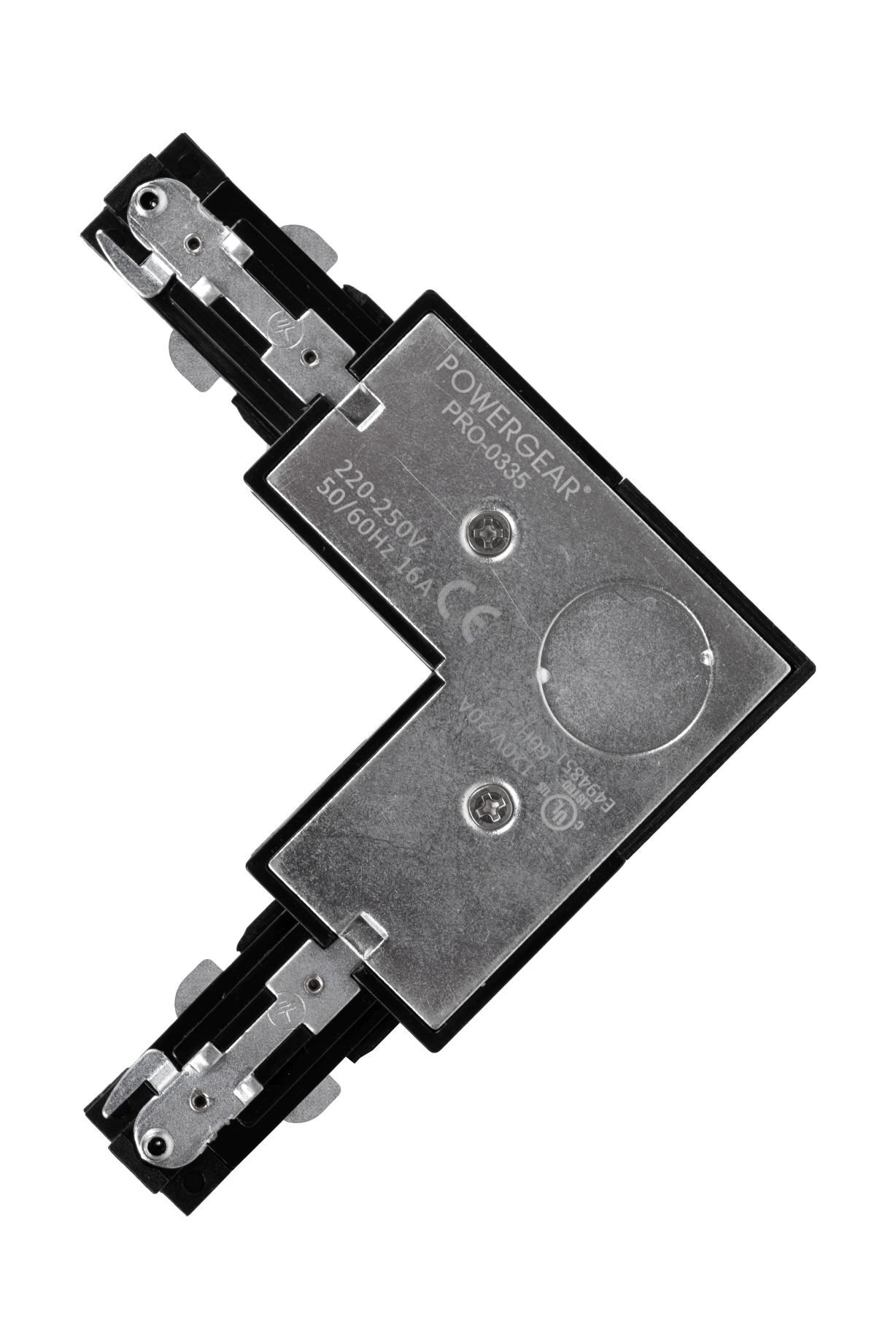 Element szynowy w kształcie litery L z metalowymi i plastikowymi częściami. Widoczny tekst: \'POWERGEAR PRO-Q353 220-250V 50/60Hz 16A\'.