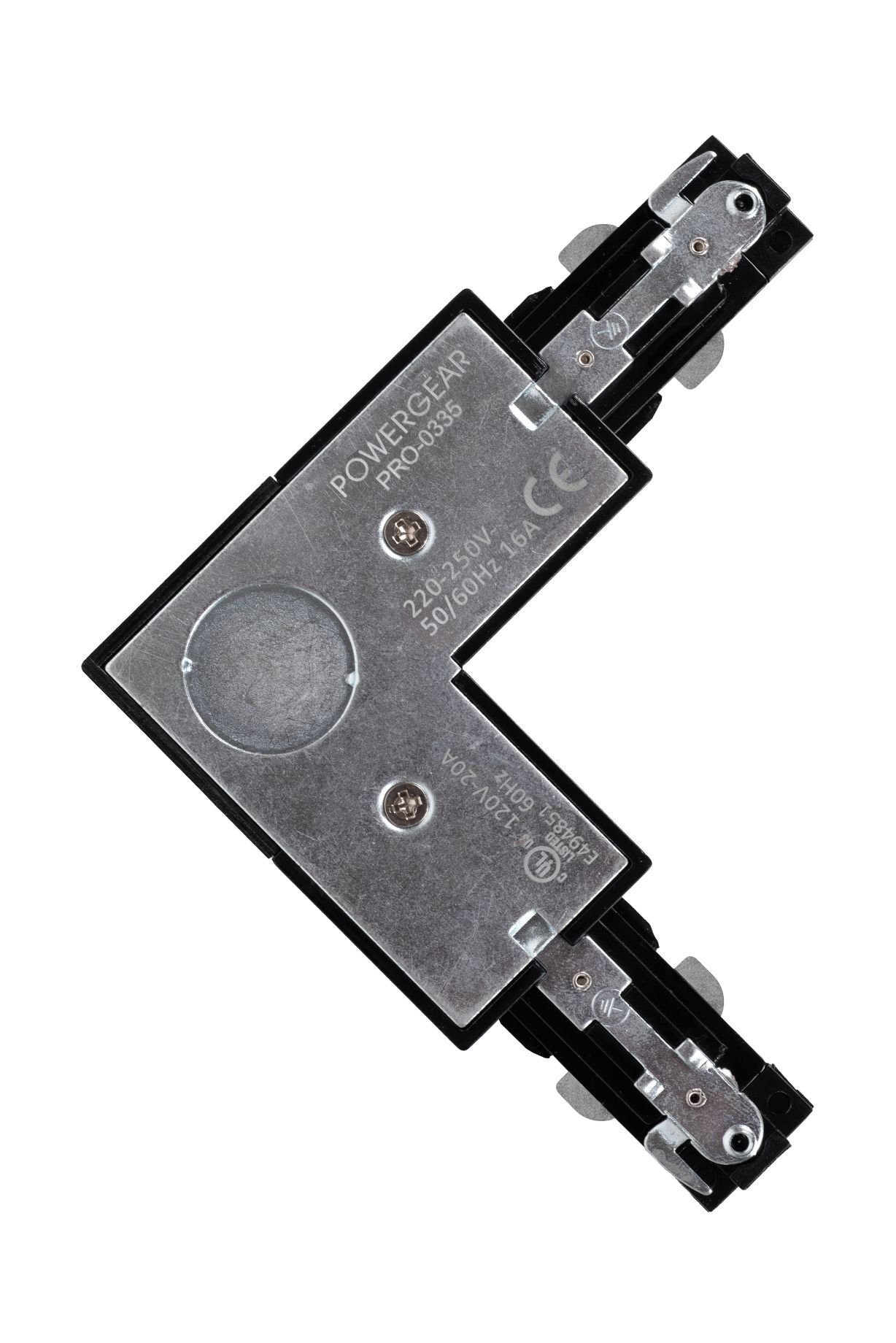 Metalowy element w kształcie litery L z widocznymi oznaczeniami: \'POWERGEAR PRO0335\', \'220-250V 50/60Hz 16A\', oraz symbolami CE. Element posiada dwa metalowe złącza na końcach.