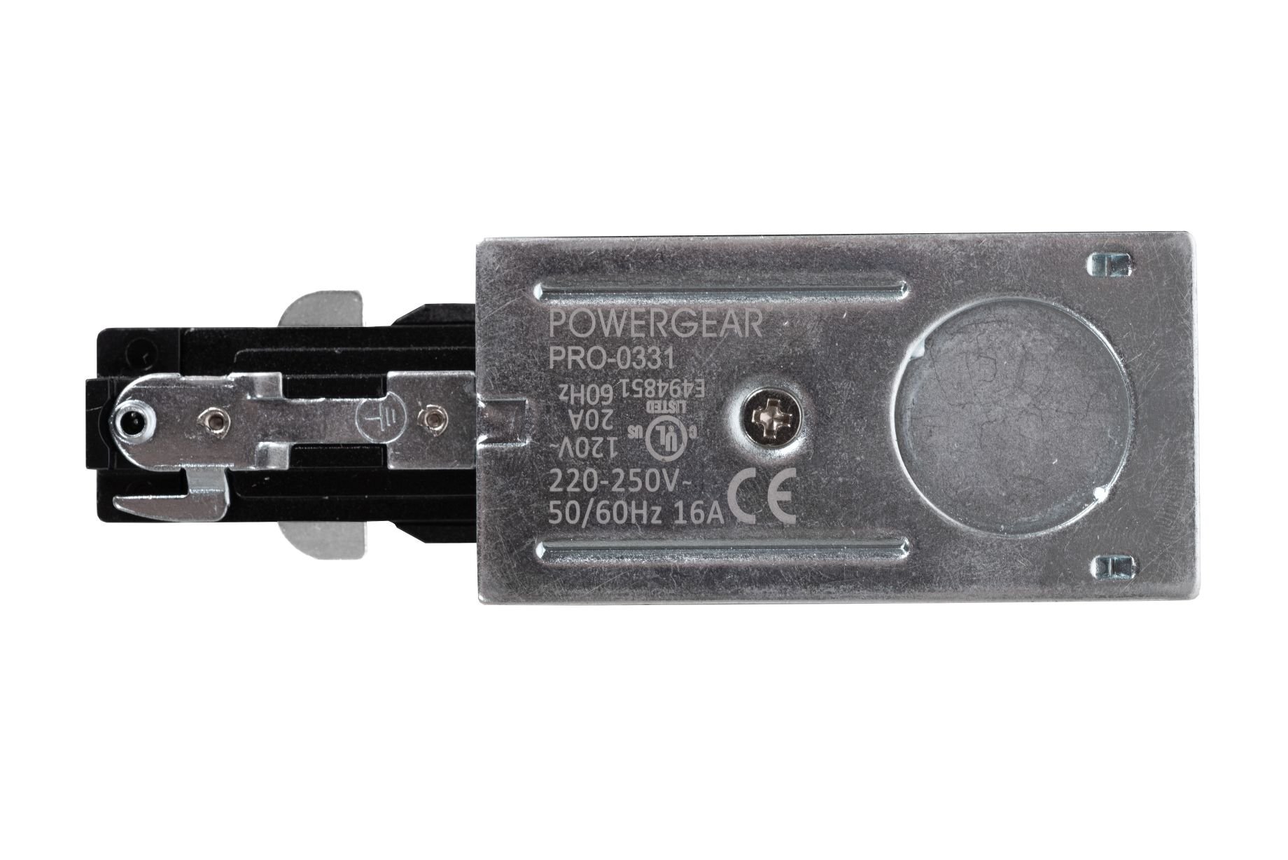 Metalowy element z widocznymi oznaczeniami: \'POWERGEAR PRO-0331\', \'220-250V\', \'50/60Hz 16A\' oraz symbolem CE. Element posiada otwory montażowe i śrubę na środku.