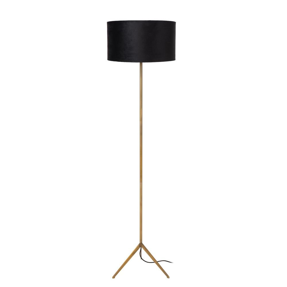 Lampa podłogowa z czarnym abażurem i złotą, smukłą podstawą na trójnogu. Kabel zasilający widoczny przy podstawie.
