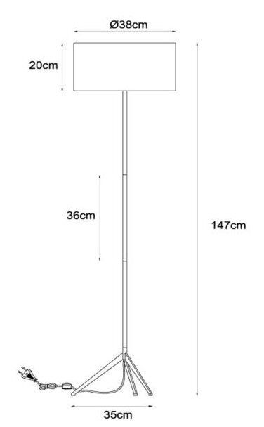 Schemat lampy podłogowej z wymiarami: wysokość 147 cm, średnica klosza 38 cm, wysokość klosza 20 cm, wysokość podstawy 36 cm, szerokość podstawy 35 cm. Widoczny jest także przewód z wtyczką.