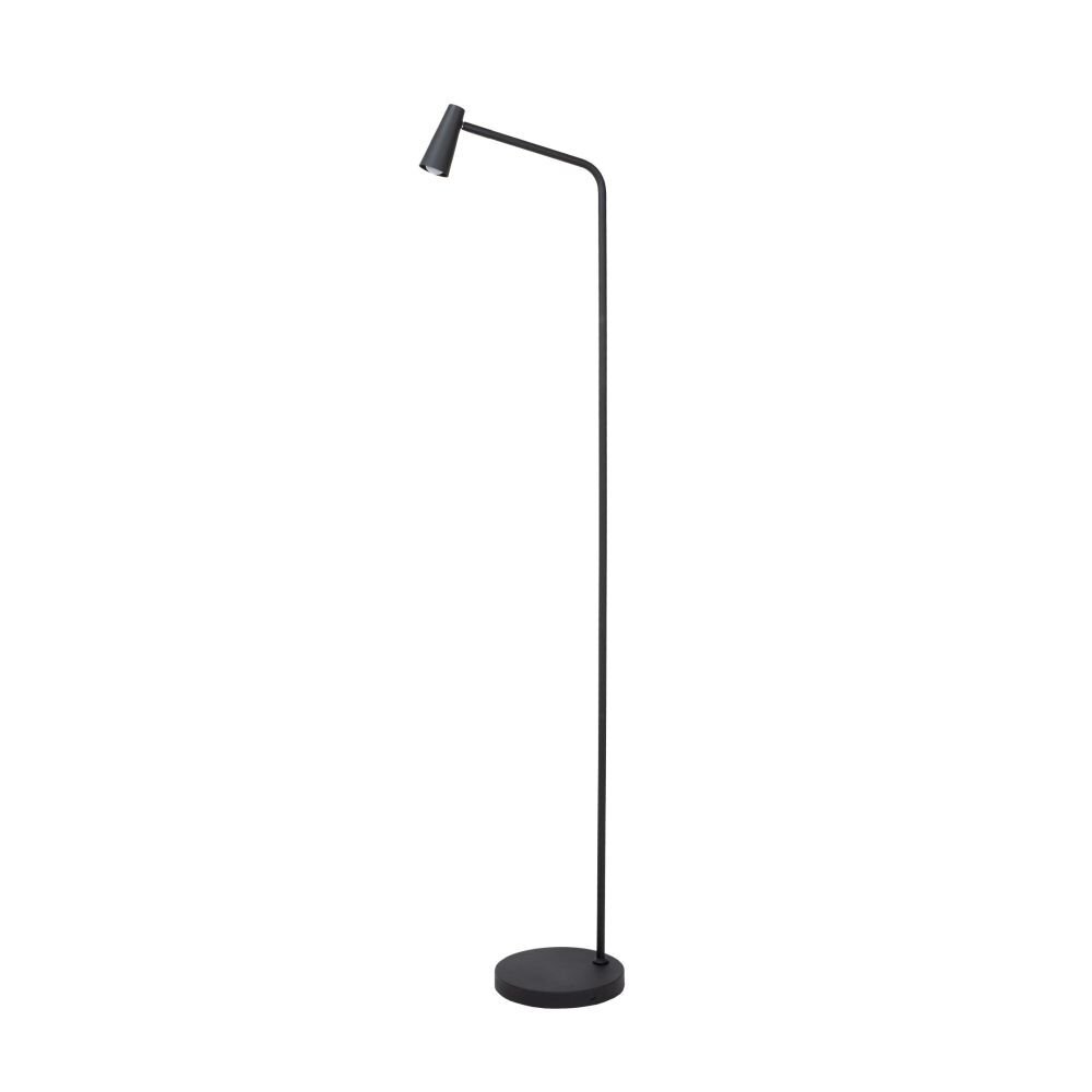 Czarna, smukła lampa podłogowa z okrągłą podstawą i prostym ramieniem zakończonym małym kloszem. Lampa ma nowoczesny design i minimalistyczny wygląd.