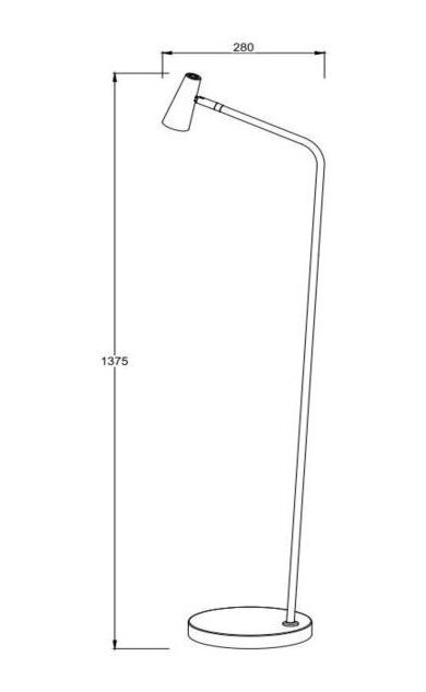 Schematyczny rysunek lampy podłogowej z wymiarami: wysokość 1375 mm i długość ramienia 280 mm. Lampa ma okrągłą podstawę i prosty, zakrzywiony trzon z regulowanym kloszem.