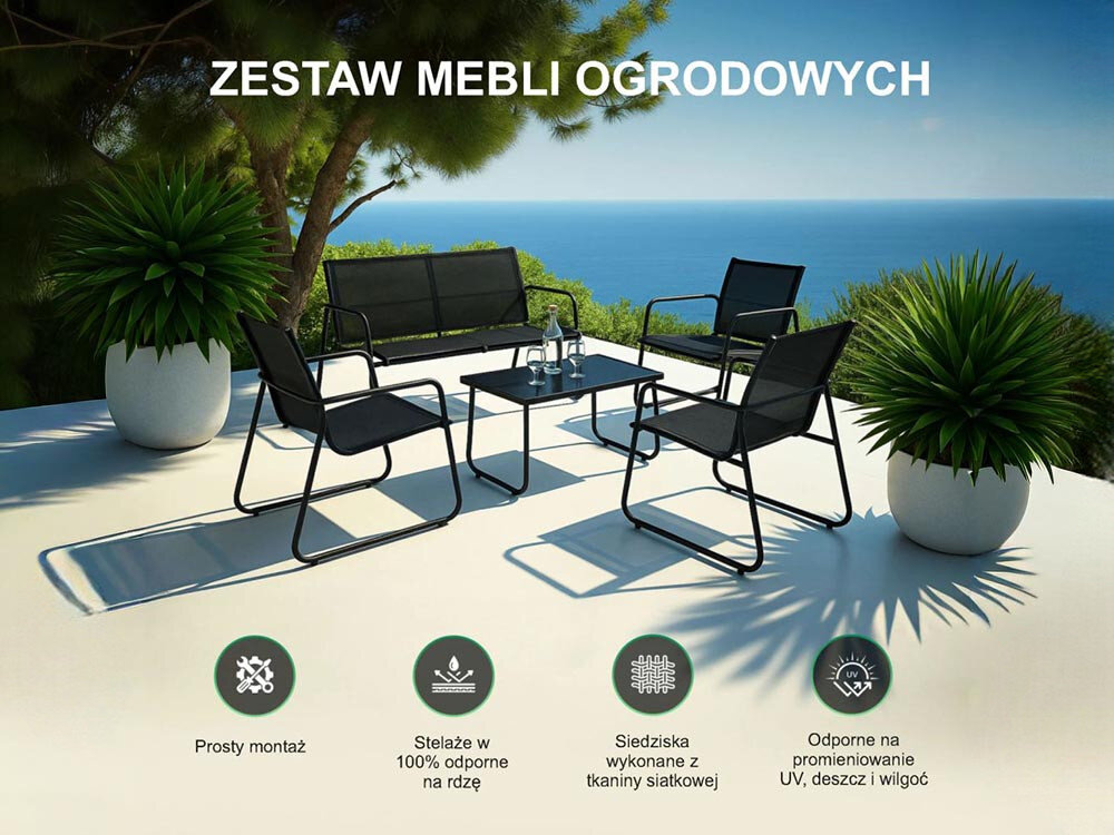 Na tarasie z widokiem na morze znajduje się zestaw mebli ogrodowych składający się z dwóch krzeseł, ławki i stolika, wykonanych z czarnej siatki i metalu. Na dole obrazu znajdują się ikony z napisami: \'Prosty montaż\', \'Stelaże w 100% odporne na rdzę\', \'Siedziska wykonane z tkaniny siatkowej\', \'Odporne na promieniowanie UV, deszcz i wilgoć\'.
