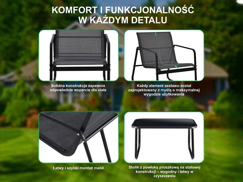 Obraz przedstawia zestaw mebli ogrodowych z czarnymi krzesłami i stolikiem na tle ogrodu. Tekst na obrazie: \'KOMFORT I FUNKCJONALNOŚĆ W KAŻDYM DETALU\', \'Solidna konstrukcja zapewnia odpowiednie wsparcie dla ciała\', \'Każdy element zestawu został zaprojektowany z myślą o maksymalnej wygodzie użytkowania\', \'Łatwy i szybki montaż mebli\', \'Stolik z powłoką proszkową na stalowej konstrukcji – wygodny i łatwy w czyszczeniu\'.