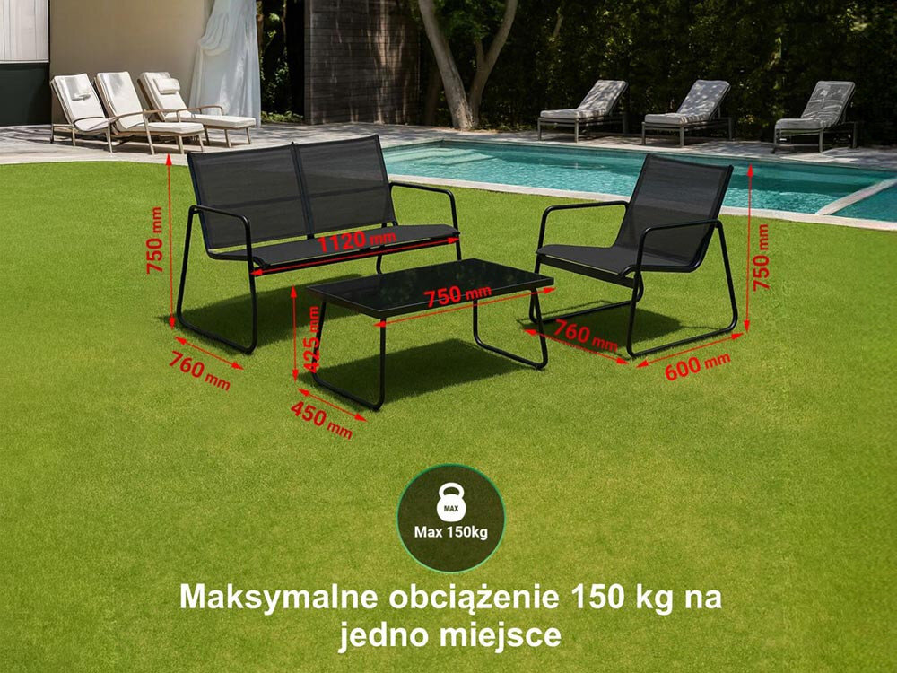 Zestaw mebli ogrodowych składający się z dwóch krzeseł, ławki i stolika, ustawiony na trawie przy basenie. Na obrazie widoczne są wymiary mebli oraz tekst: \'Maksymalne obciążenie 150 kg na jedno miejsce\'.
