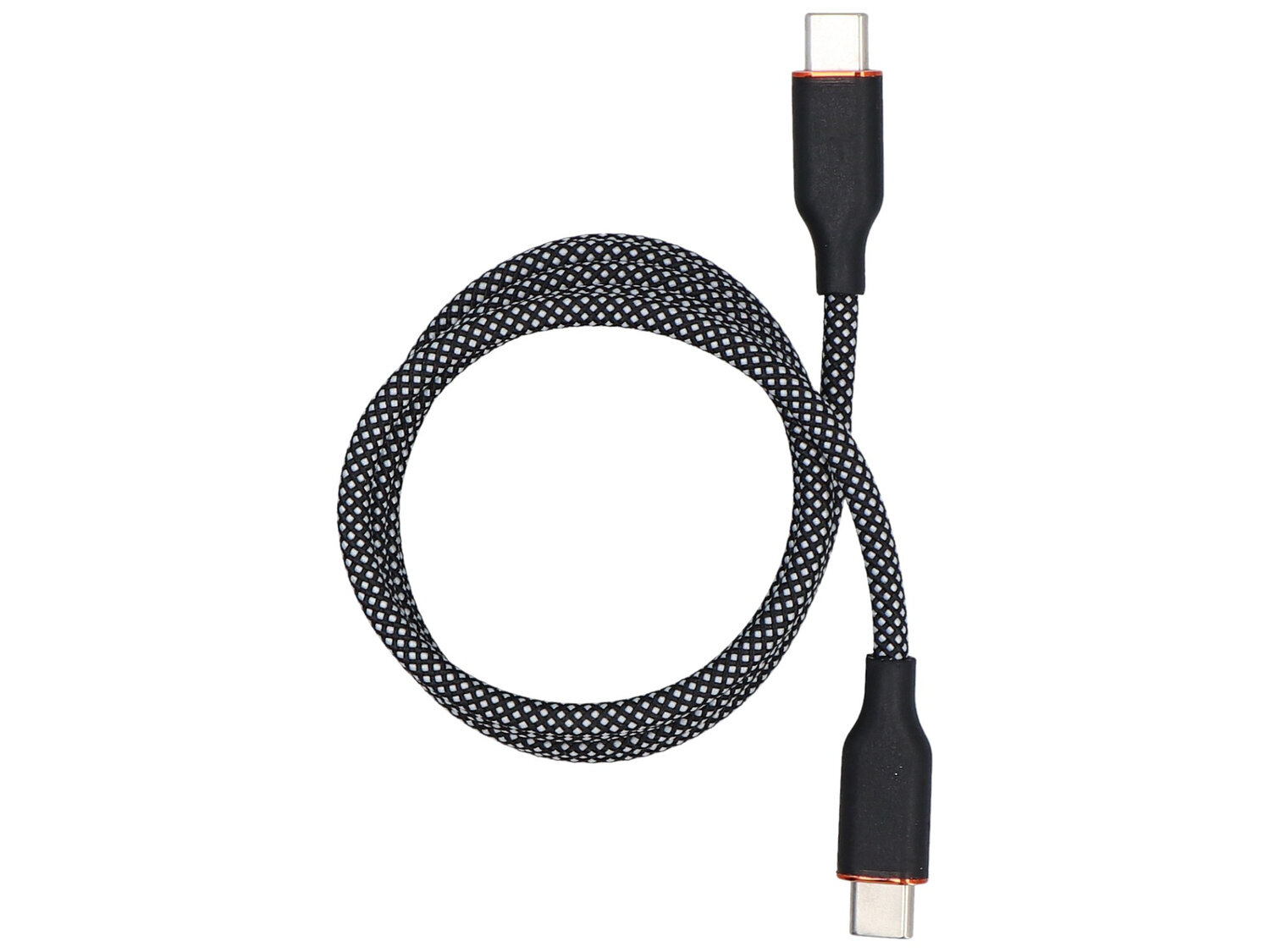 Czarno-biały pleciony kabel USB-C do USB-C z czerwonymi akcentami przy złączach. Kabel jest zwinięty w okrąg.