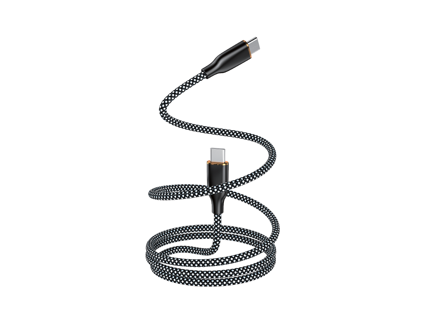 Czarno-biały pleciony kabel USB-C do USB-C o długości 1 metra, z dwoma złączami na końcach.