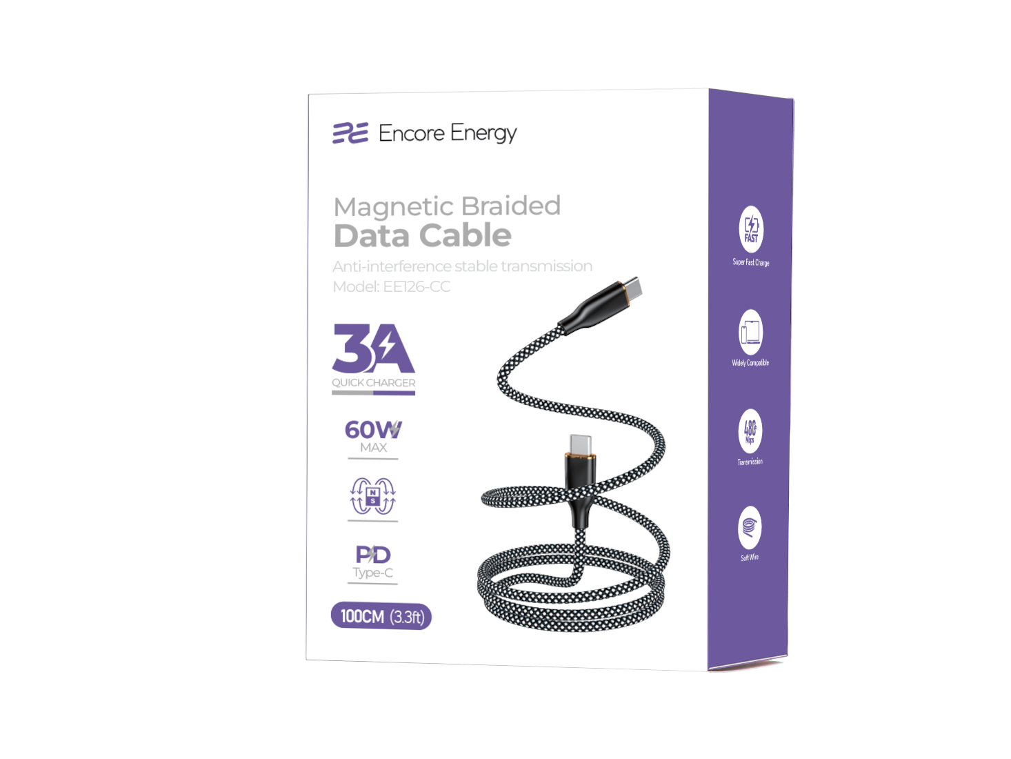 Opakowanie kabla USB-C — USB-C marki Encore Energy, model EE126-CC, o długości 100 cm i mocy 60W, z plecionym czarno-białym wzorem. Na opakowaniu widoczne są informacje: \'Magnetic Braided Data Cable\', \'3A Quick Charger\', \'60W MAX\', \'PD Type-C\'.