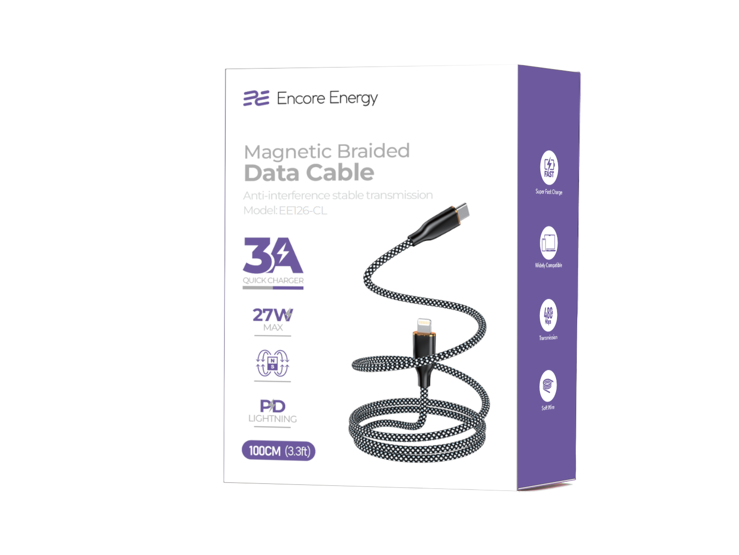 Opakowanie kabla USB-C — Lightning marki Encore Energy, model EE126-CL, o długości 100 cm i mocy 27W. Na opakowaniu widoczne są informacje o szybkim ładowaniu, stabilnej transmisji oraz plecionym kablu.