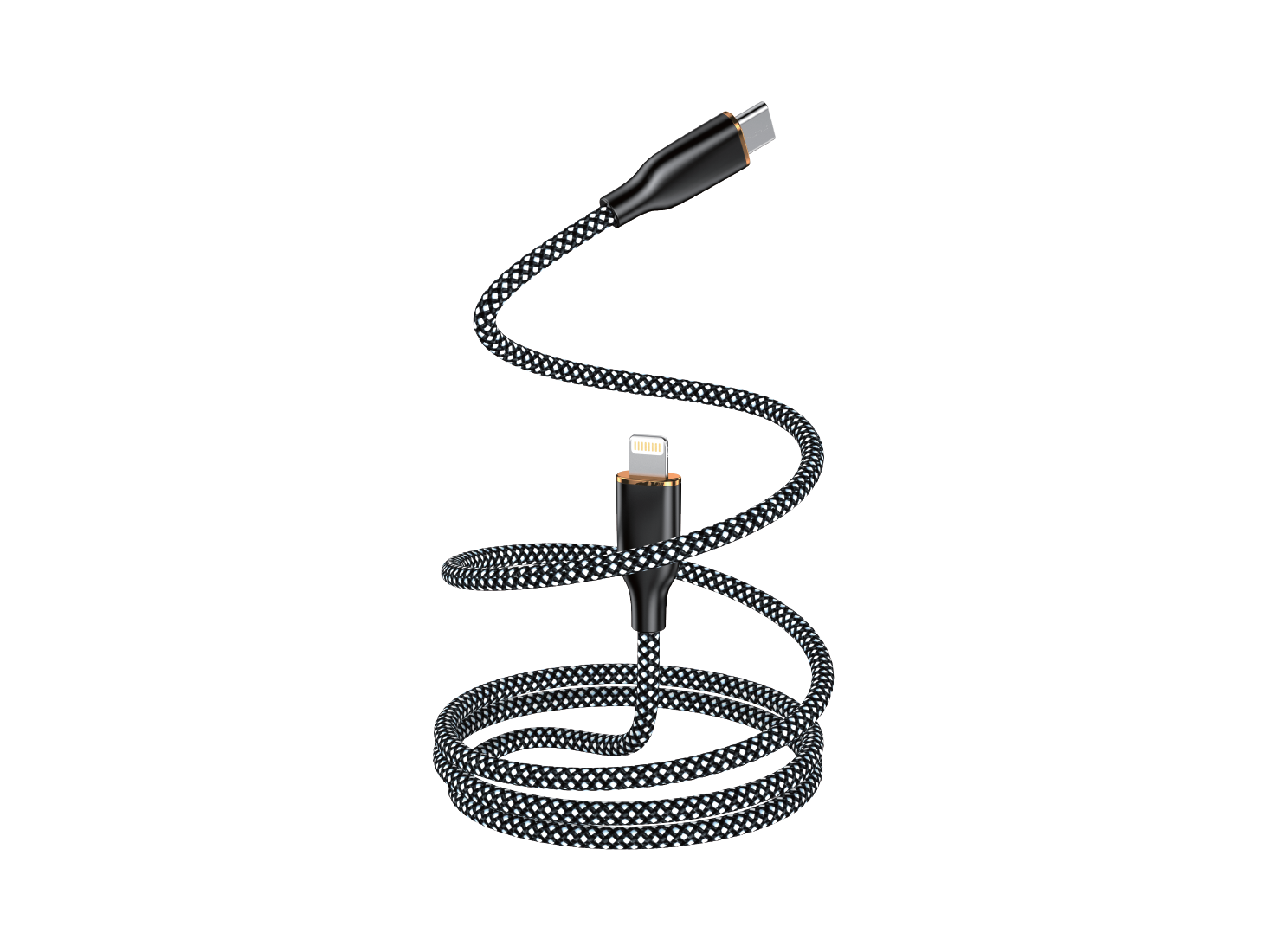 Czarno-biały pleciony kabel z końcówkami USB-C i Lightning, ułożony w spiralę. Kabel ma solidne złącza z metalicznymi akcentami.