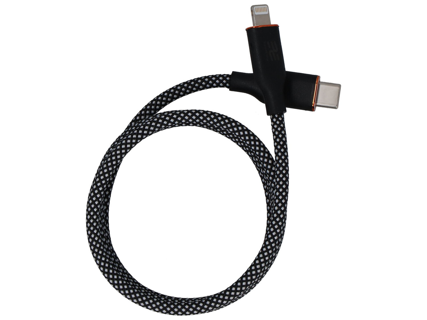 Czarno-biały pleciony kabel z końcówkami USB-C i Lightning, z widocznym logo EE na czarnym elemencie łączącym.