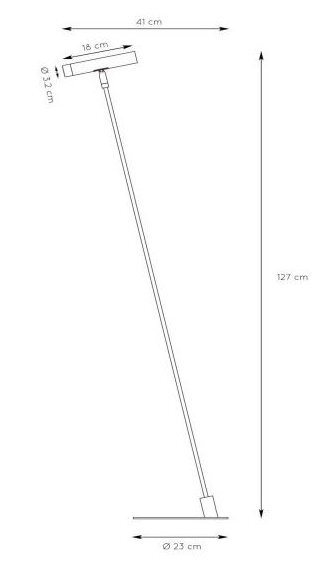 Schematyczny rysunek lampy podłogowej z wymiarami: wysokość 127 cm, szerokość klosza 41 cm, średnica podstawy 23 cm. Klosz ma długość 18 cm i średnicę 3,2 cm.