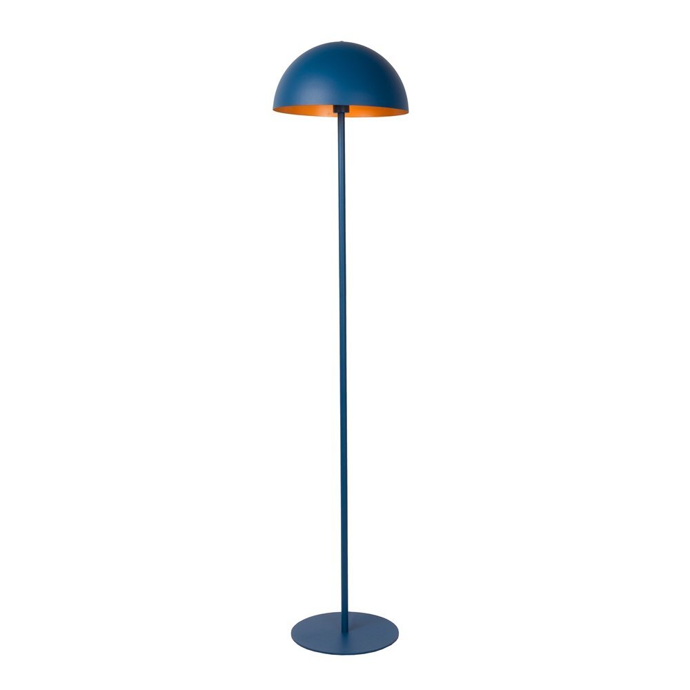 Lampa podłogowa o nowoczesnym designie, z niebieskim kloszem w kształcie półkuli i smukłą podstawą. Wnętrze klosza jest pomarańczowe.