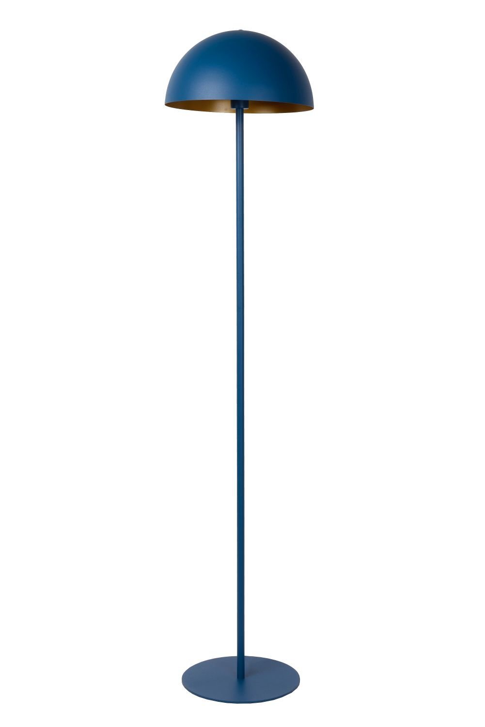 Lampa podłogowa o nowoczesnym designie, w kolorze niebieskim z półokrągłym kloszem i prostą podstawą.