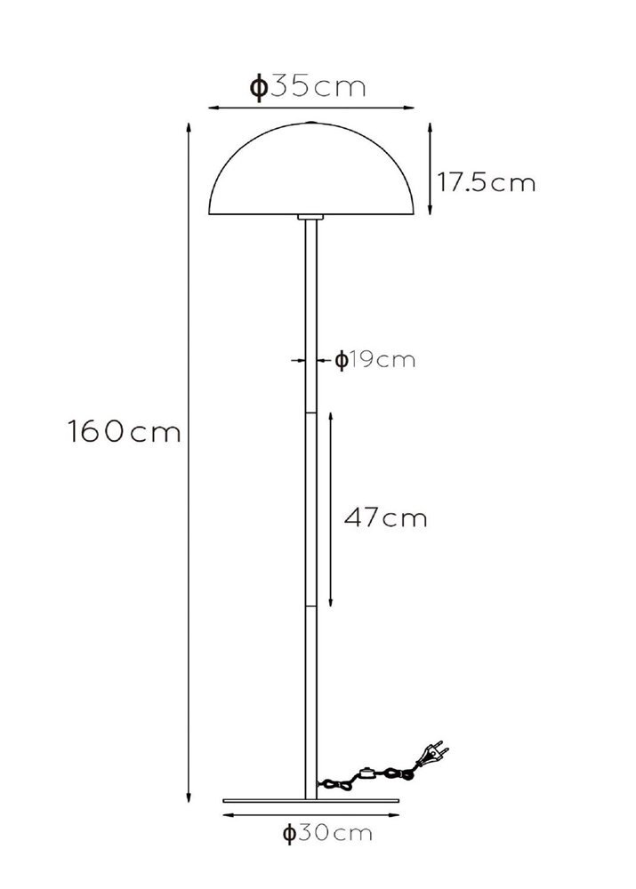 Schemat lampy podłogowej z wymiarami: wysokość 160 cm, średnica klosza 35 cm, wysokość klosza 17.5 cm, średnica podstawy 30 cm, średnica pręta 19 cm, długość pręta 47 cm.