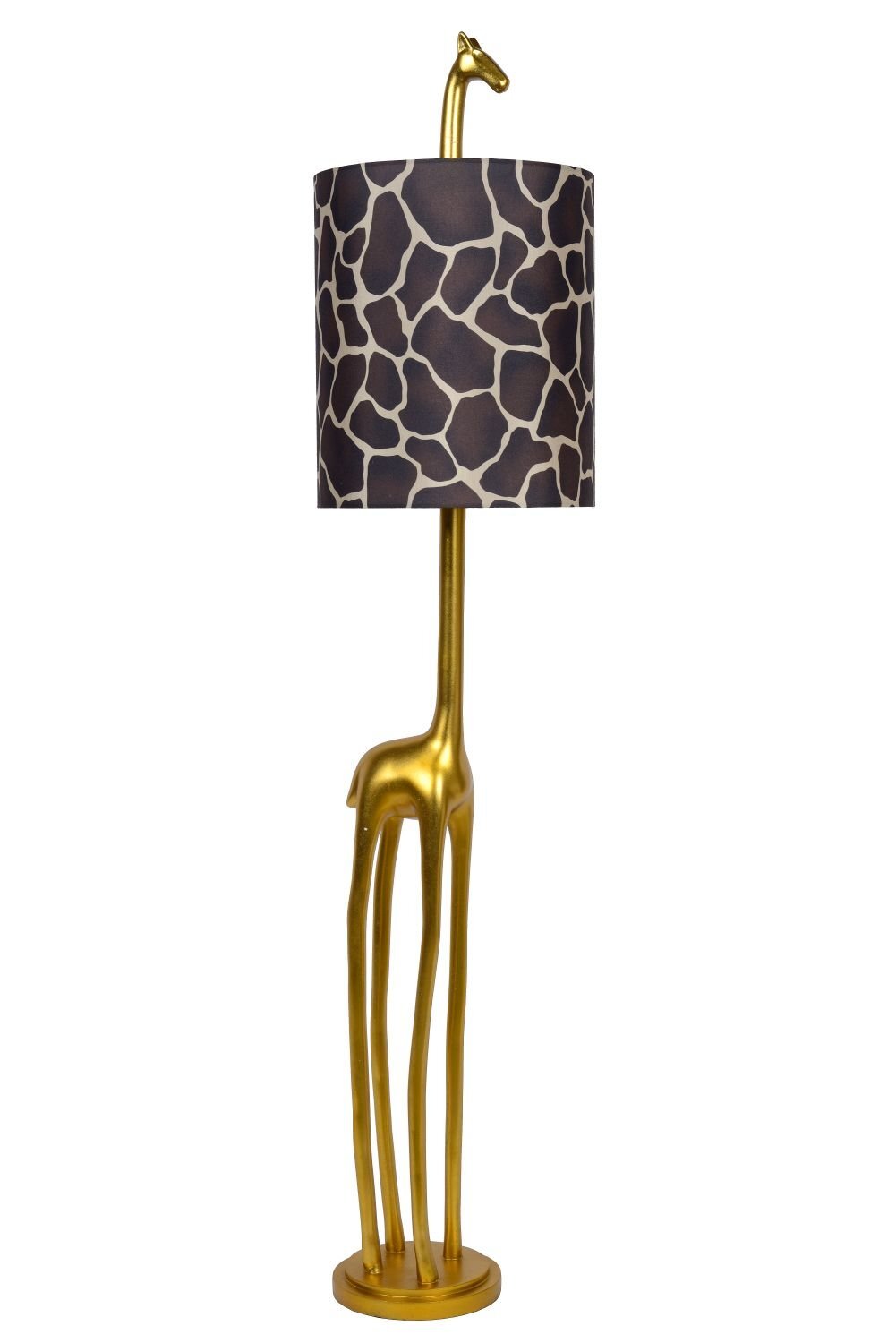 Złota lampa podłogowa w kształcie żyrafy z abażurem w wzór przypominający skórę żyrafy. Lampa stoi na okrągłej podstawie.