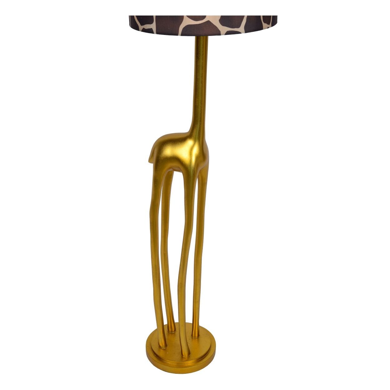 Złota lampa podłogowa o kształcie przypominającym sylwetkę zwierzęcia z długimi nogami. Abażur ma wzór przypominający skórę żyrafy.