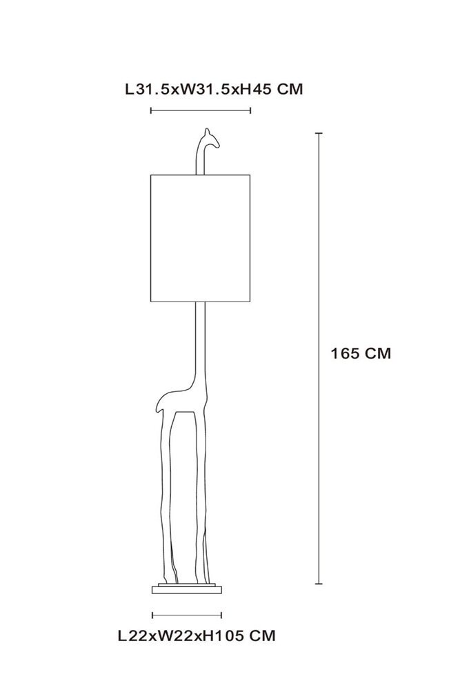 Schemat lampy podłogowej z abażurem na górze i podstawą w kształcie żyrafy. Wymiary: L31.5xW31.5xH45 CM dla abażura, L22xW22xH105 CM dla podstawy, całkowita wysokość 165 CM.