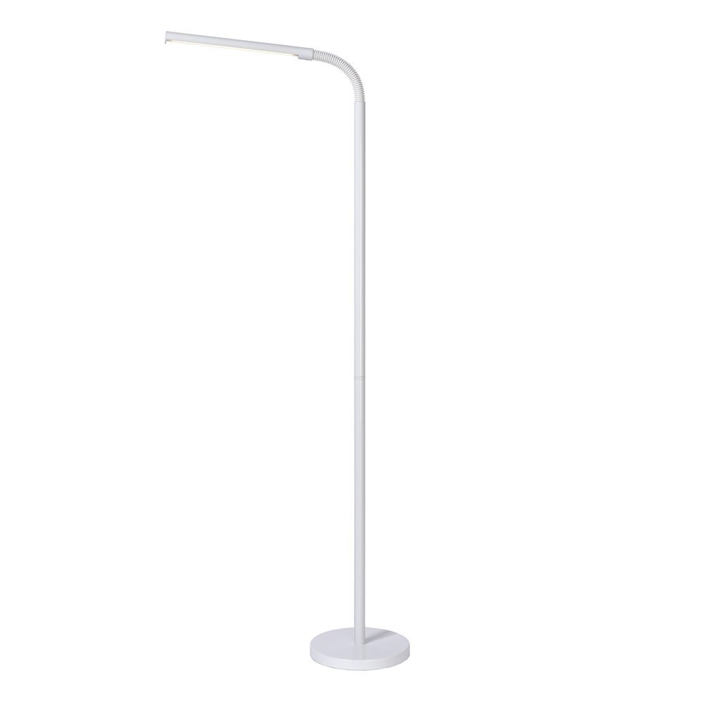 Biała lampa podłogowa LED o smukłej konstrukcji z okrągłą podstawą i elastycznym ramieniem. Lampa ma nowoczesny design i jest przeznaczona do użytku w salonie lub sypialni.
