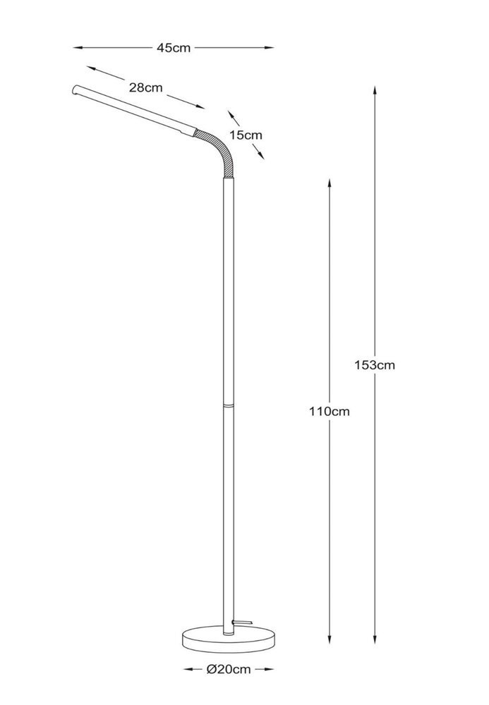 Schemat lampy podłogowej z wymiarami: wysokość 153 cm, długość ramienia 45 cm, średnica podstawy 20 cm. Widoczne są dodatkowe wymiary: 28 cm i 15 cm na ramieniu oraz 110 cm na trzonie.