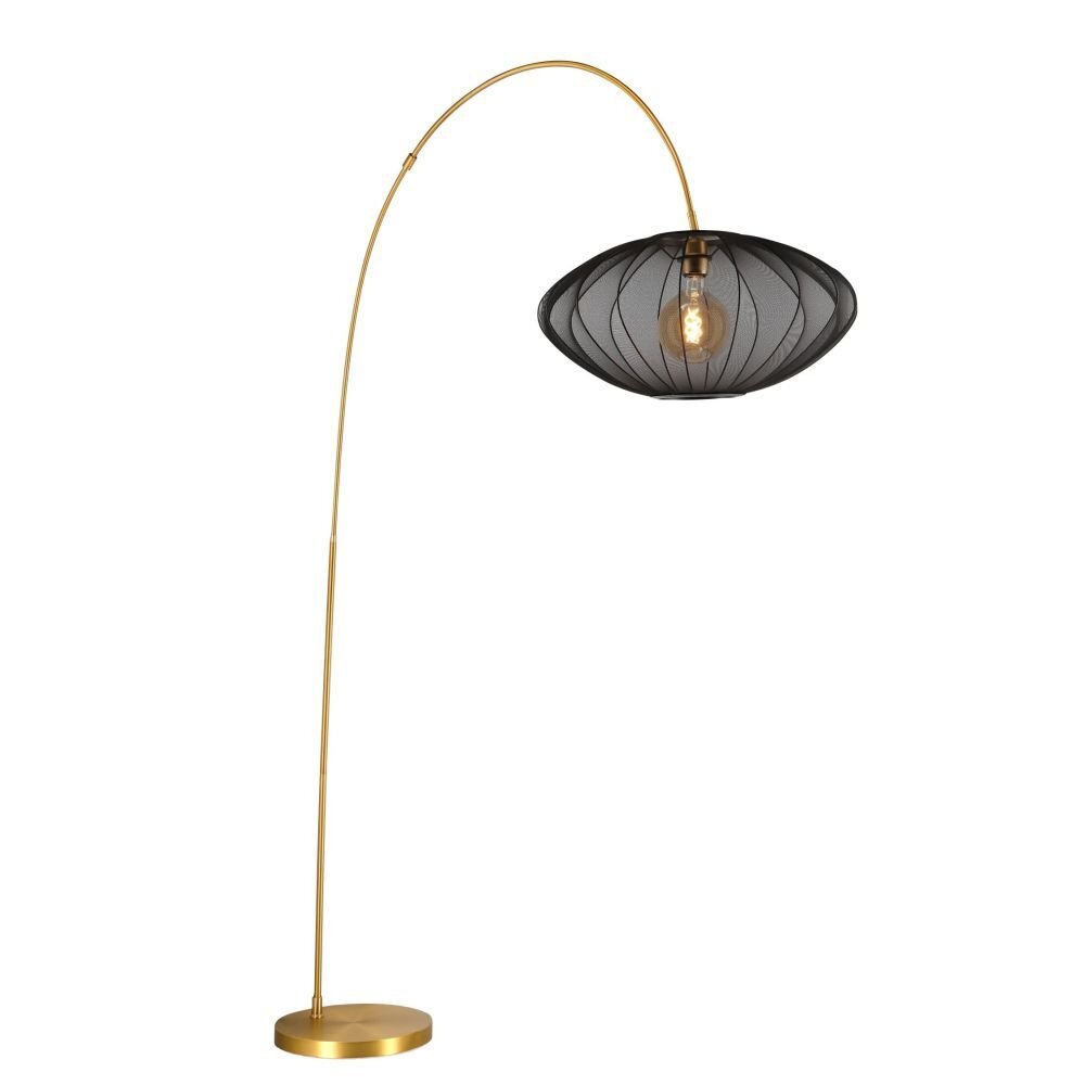 Lampa podłogowa z zakrzywionym złotym stelażem i czarnym kloszem w kształcie elipsy, z widoczną żarówką wewnątrz. Podstawa lampy jest okrągła i złota.