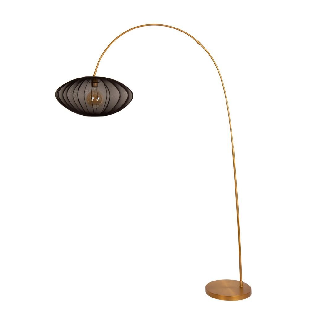 Lampa podłogowa z zakrzywionym złotym stelażem i czarnym kloszem o owalnym kształcie. Podstawa lampy jest okrągła i również w złotym kolorze.