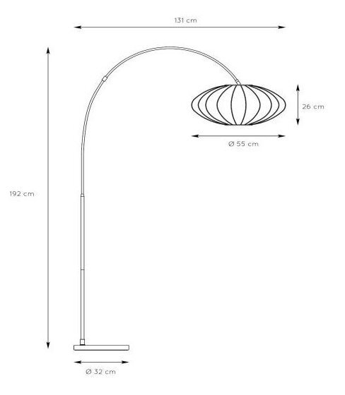 Schemat lampy podłogowej z wymiarami: wysokość 192 cm, szerokość podstawy 32 cm, długość ramienia 131 cm, średnica klosza 55 cm, wysokość klosza 26 cm.
