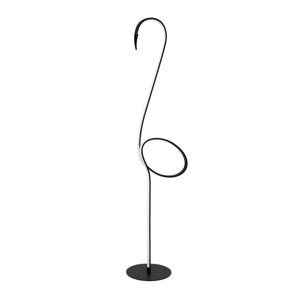 Czarna lampa podłogowa o eleganckim, zakrzywionym kształcie przypominającym flaminga, z okrągłą podstawą.