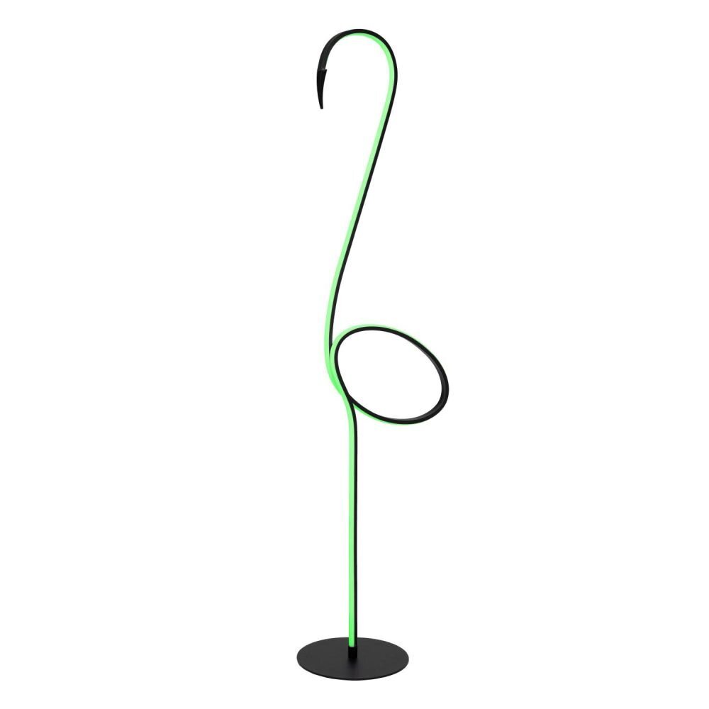 Lampa podłogowa o nowoczesnym designie, przypominająca kształtem flaminga, z czarną podstawą i zielonym podświetleniem wzdłuż smukłej konstrukcji.