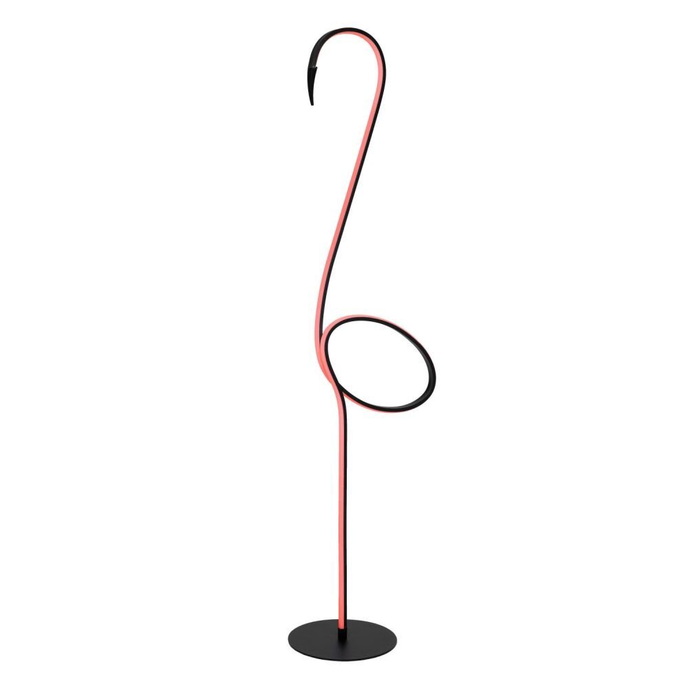 Lampa podłogowa o nowoczesnym designie, przypominająca kształtem flaminga, z czarną podstawą i różowym akcentem na smukłej konstrukcji.