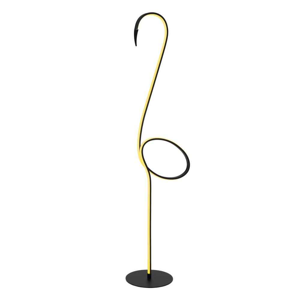 Lampa podłogowa o nowoczesnym designie, przypominająca kształtem flaminga, z czarną podstawą i żółtym akcentem na smukłej konstrukcji.