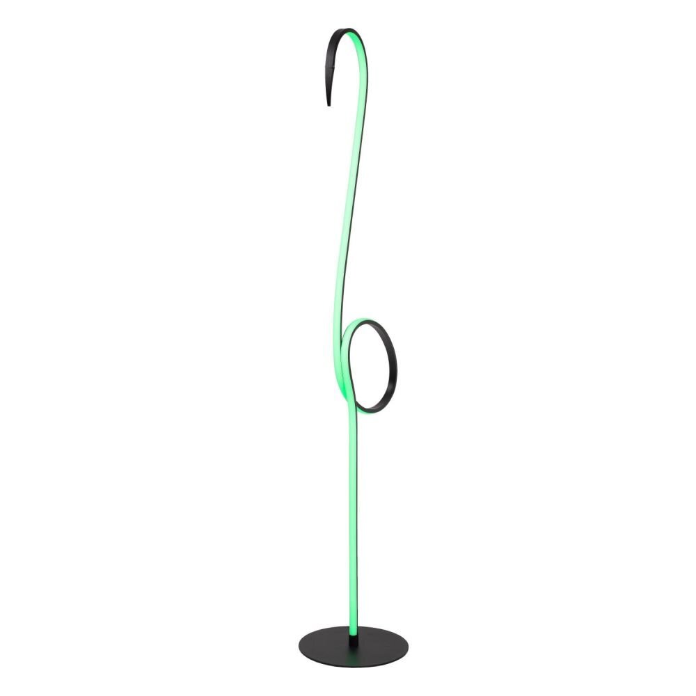 Lampa podłogowa o nowoczesnym designie z zielonym, zakrzywionym elementem świetlnym i czarną podstawą. Kształt przypomina stylizowaną sylwetkę flaminga.