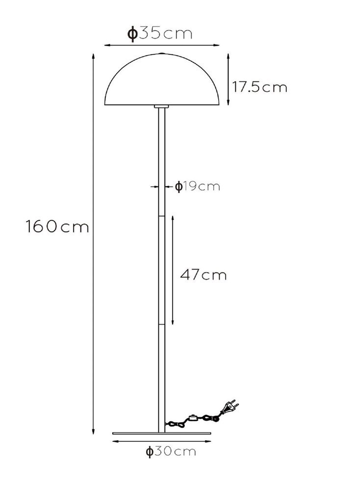 Schemat lampy podłogowej z wymiarami: wysokość 160 cm, średnica klosza 35 cm, wysokość klosza 17,5 cm, średnica podstawy 30 cm, średnica pręta 19 cm, długość kabla 47 cm.