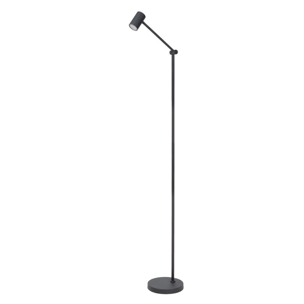 Czarna, smukła lampa podłogowa z okrągłą podstawą i regulowanym kloszem. Lampa ma minimalistyczny design.