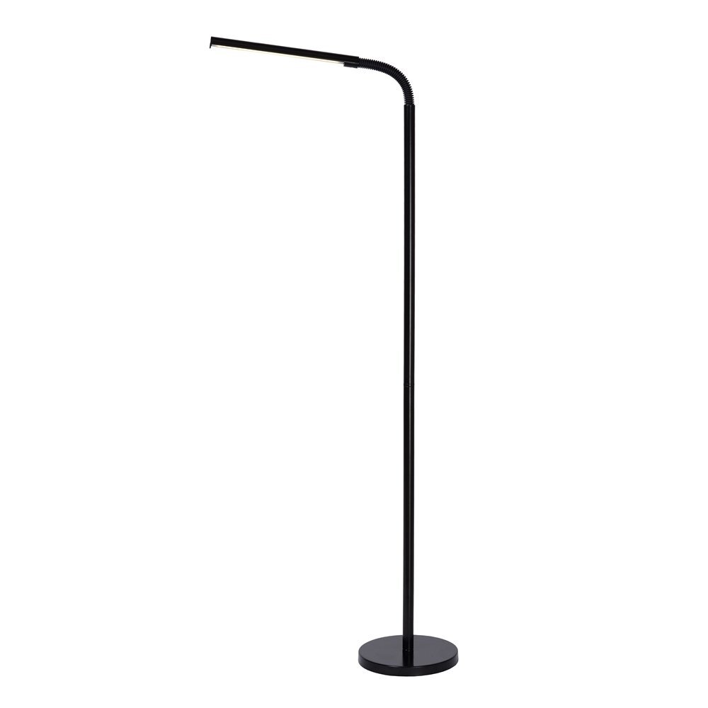 Czarna lampa podłogowa LED o smukłej konstrukcji z okrągłą podstawą i zakrzywionym ramieniem. Lampa ma nowoczesny design i jest przeznaczona do użytku w salonie lub sypialni.